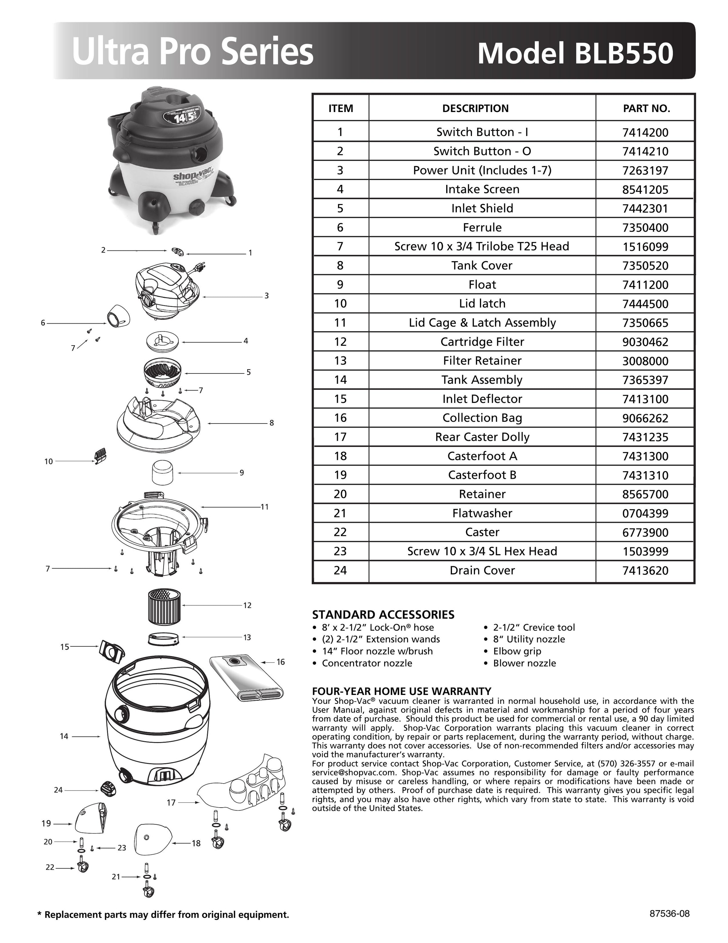 Shop-Vac Parts List for BLB550 Models (14 Gallon* Yellow / Black