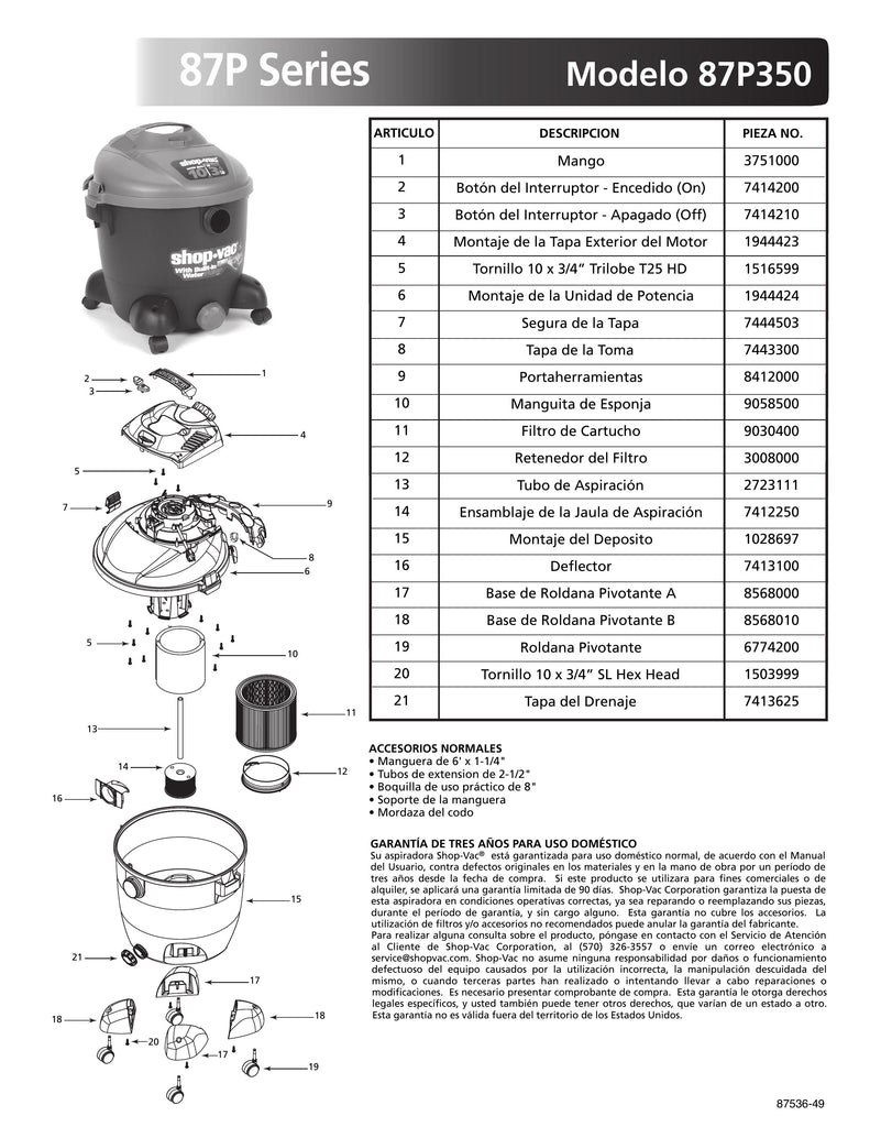 Shop-Vac Parts List for 87P350 Models (10 Gallon* Pump Vac)