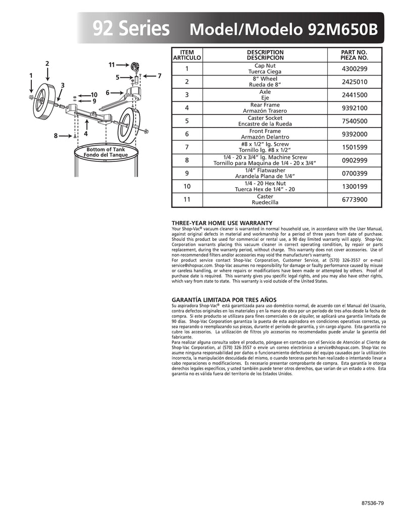 Shop-Vac Parts List for 92M650B Models (12 Gallon* Stainless Steel Vac with 3 Wheel Dolly)