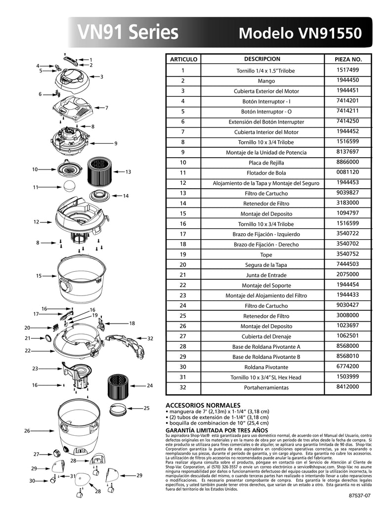 Shop-Vac Parts List for VN91550 Models (12 Gallon* Black VacNVac®)