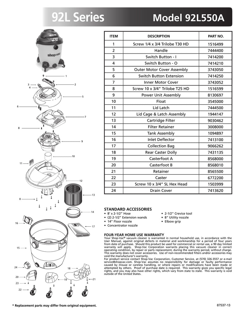 Shop-Vac Parts List for 92L550A Models (14 Gallon* Yellow / Black Vac and Rear Dolly)