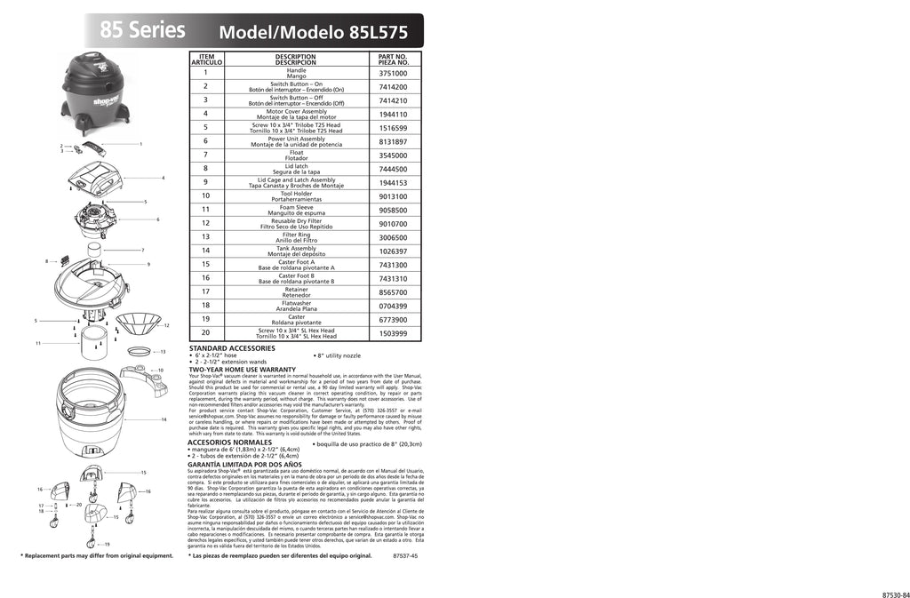 Shop-Vac Parts List for 85L575 Models (16 Gallon* Gray / Black Vac)