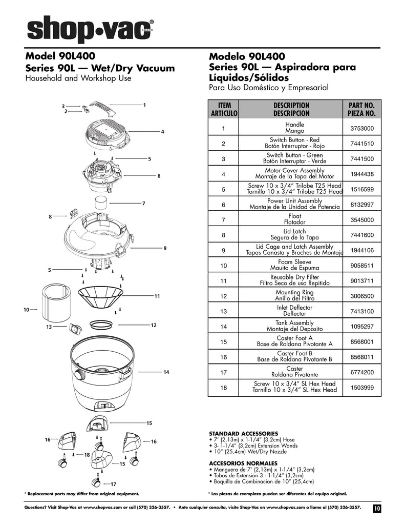 Shop-Vac Parts List for 90L400 Models (12 Gallon* Blue / Gray Vac)