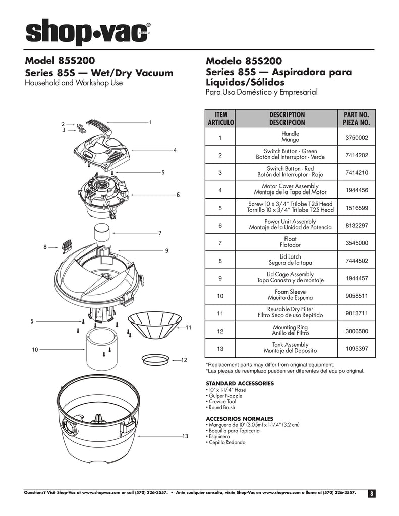 Shop-Vac Parts List for 85S200 Models (4 Gallon* Blue / Gray Vac)
