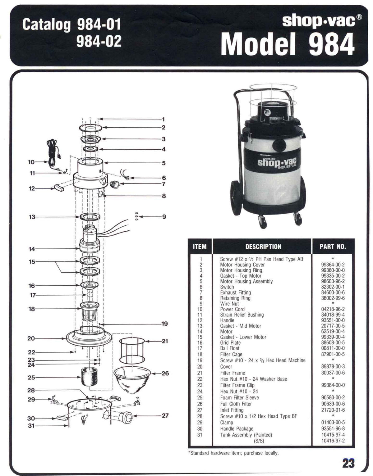 ShopVac Parts List for 984 Models (15 Gallon* Stainless Steel or Meta
