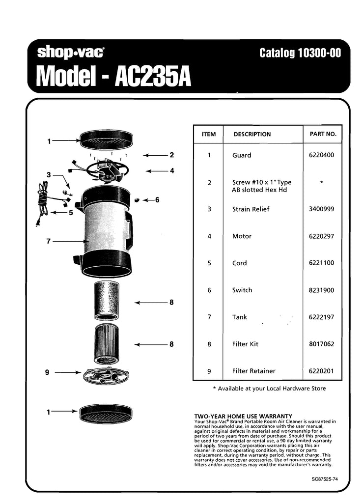 Shop-Vac Parts List for AC235 Models (Portable Air Cleaner)