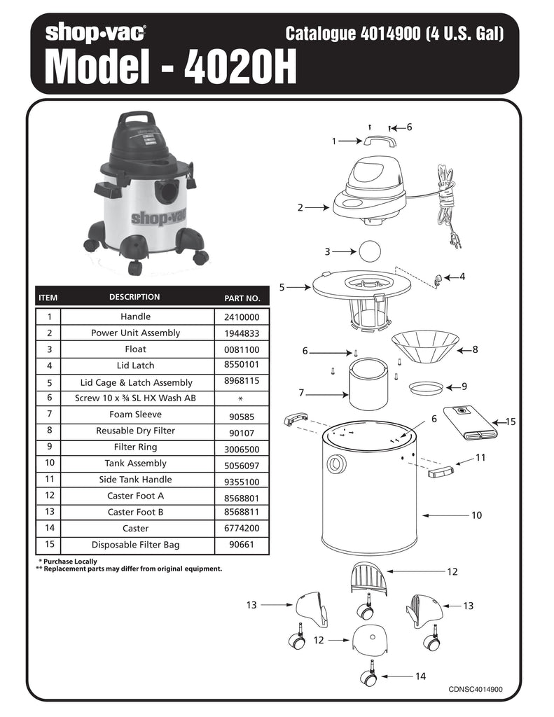 Shop-Vac Parts List for 4020H Models (4 Gallon* Black / Stainless Steel Vac)