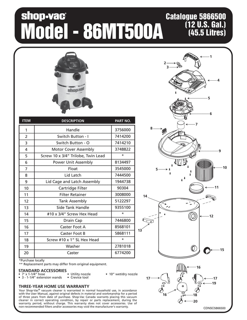 Shop-Vac Parts List for 86MT500A Models (12 Gallon* Black / Stainless Steel Vac)