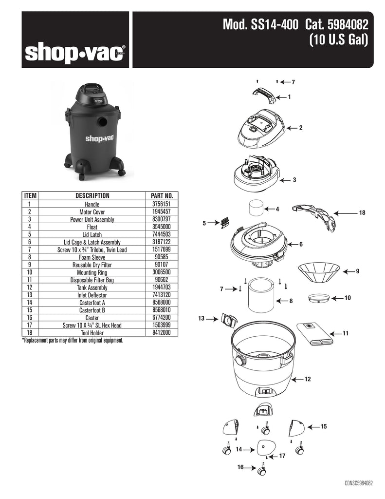 Shop-Vac Parts List for SS14-400 Models (10 Gallon* Red / Black Vac)