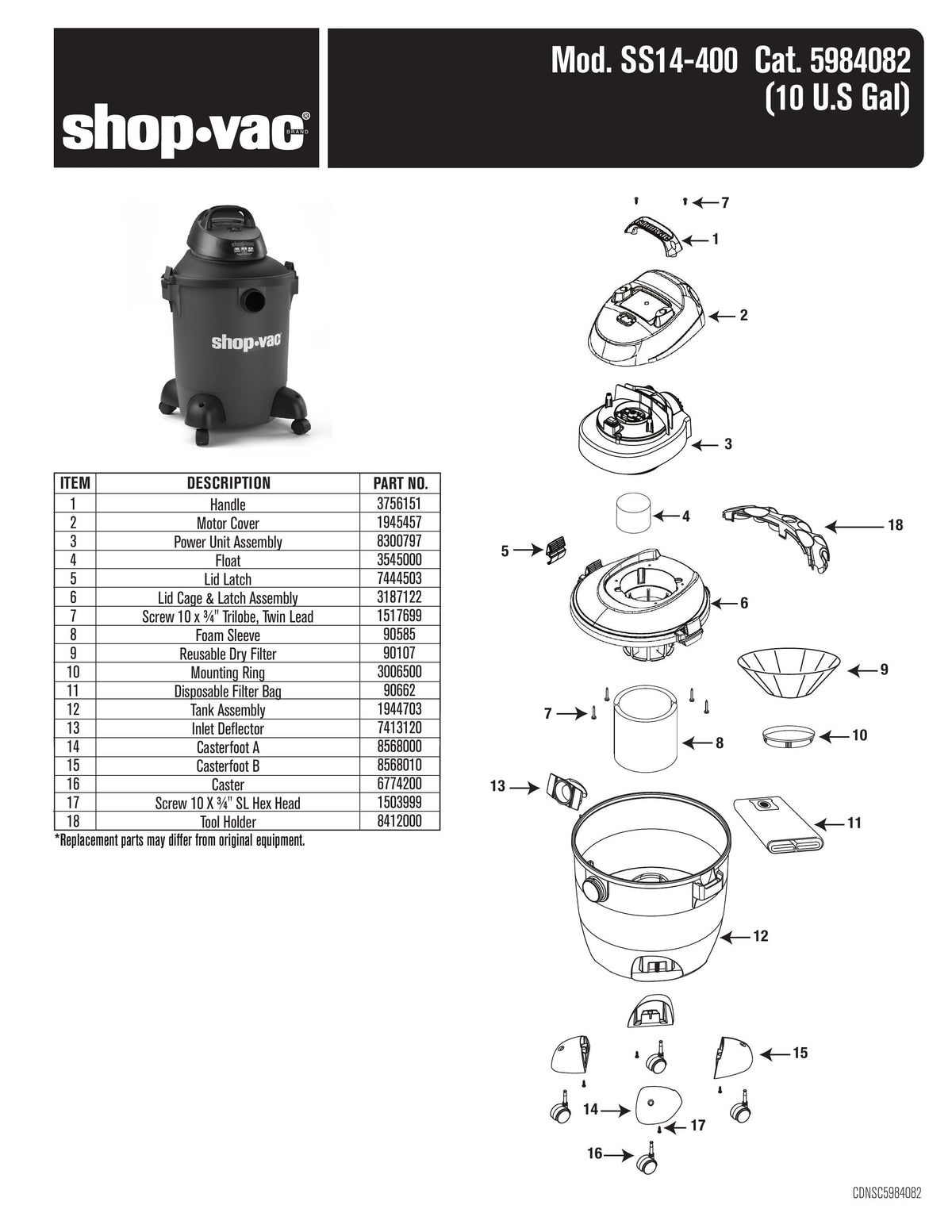 ShopVac Parts List for SS14400 Models (10 Gallon* Red / Black Vac