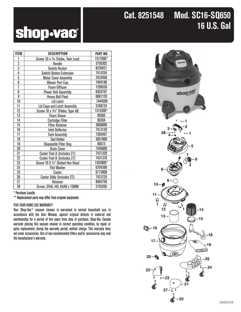 Shop-Vac Parts List for SC16-SQ650 Models (16 Gallon* Yellow / Black SVX2 Vac w/ rear caster dolly)