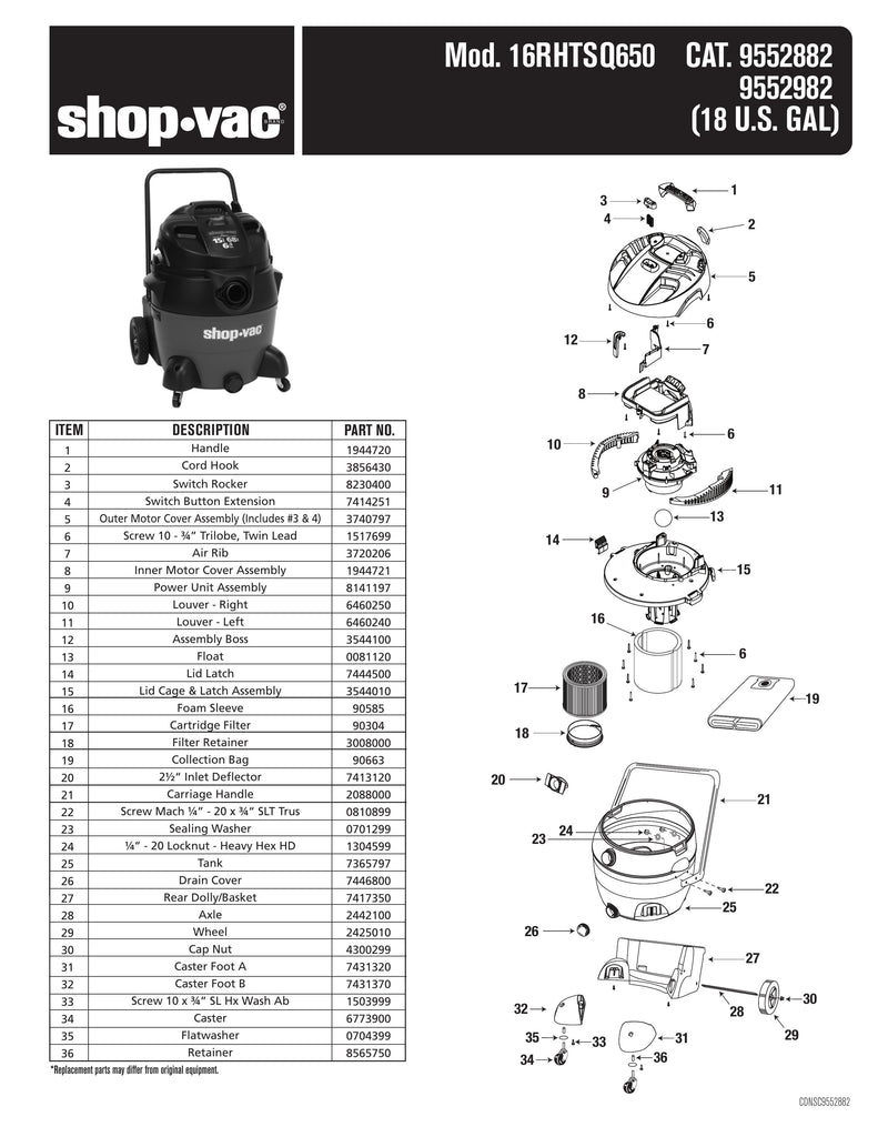 Shop-Vac Parts List for 16RHTSQ650 Models (18 Gallon* Yellow / Black Vac)