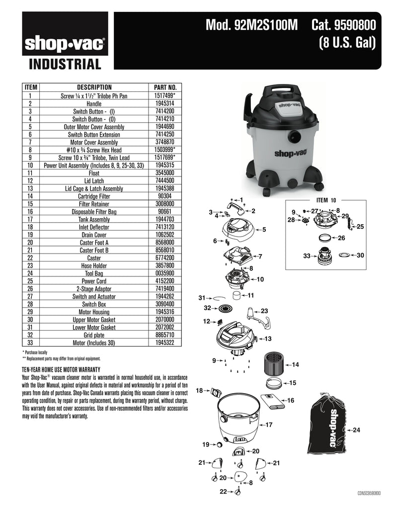 Shop-Vac Parts List for 92M2S100M Models (8 Gallon* Yellow / Black Vac)