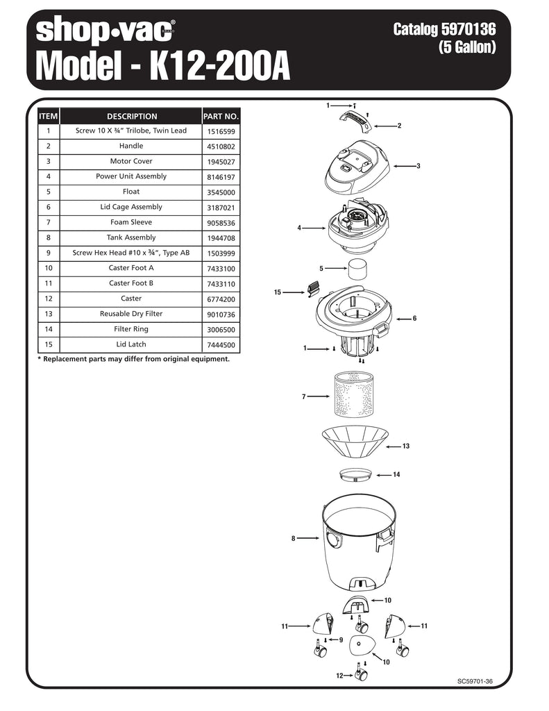 Shop-Vac Parts List for K12-200A Models (5 Gallon* Black Vac)