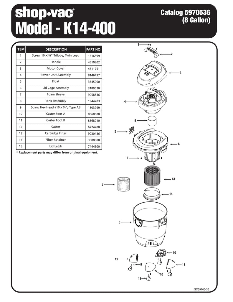 Shop-Vac Parts List for K14-400 Models (8 Gallon* Black Vac)