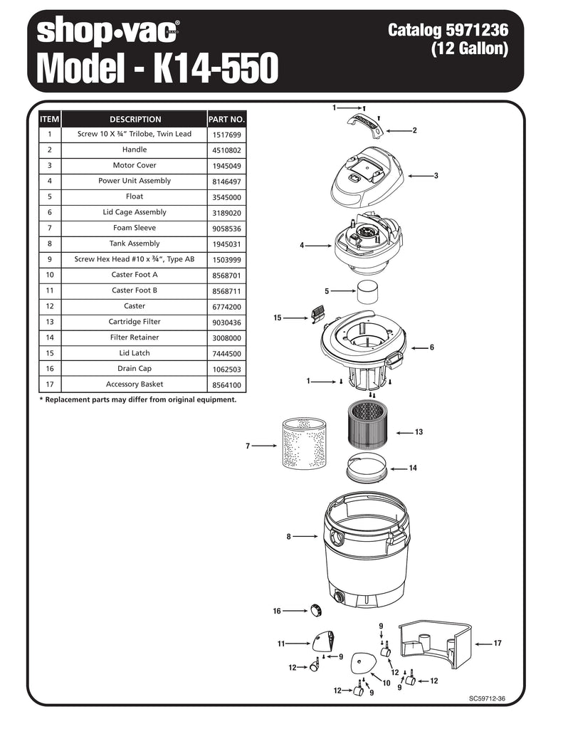 Shop-Vac Parts List for K14-550 Models (12 Gallon* Black Vac)