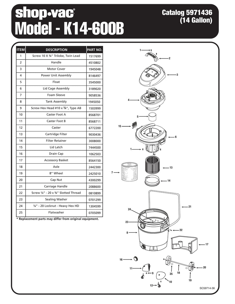 Shop-Vac Parts List for K14-600B Models (14 Gallon* Black Vac)