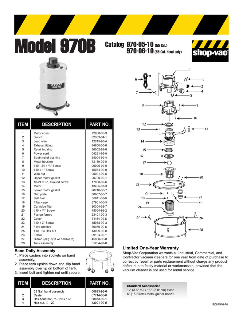Shop-Vac Parts List for 970B Models (Head Assembly)