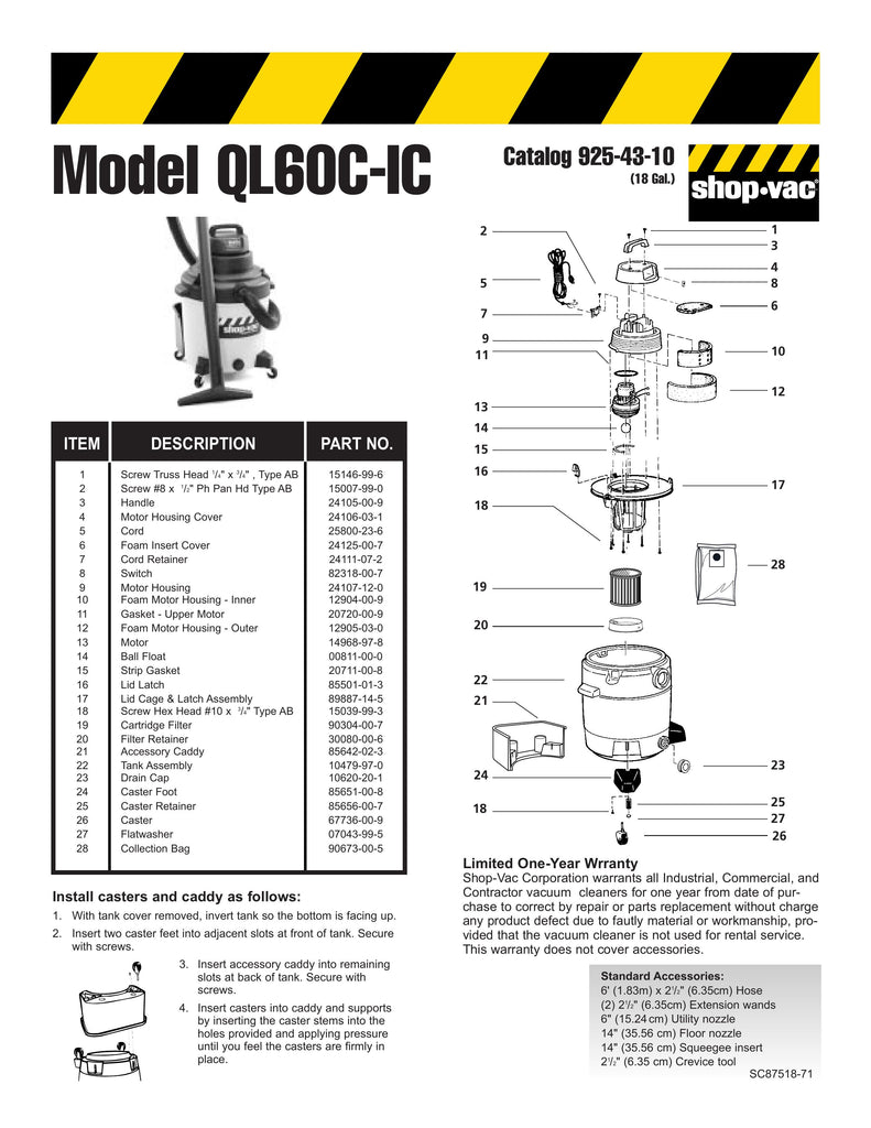 Shop-Vac Parts List for QL60CIC Models (18 Gallon* Yellow / Black Industrial Vac)