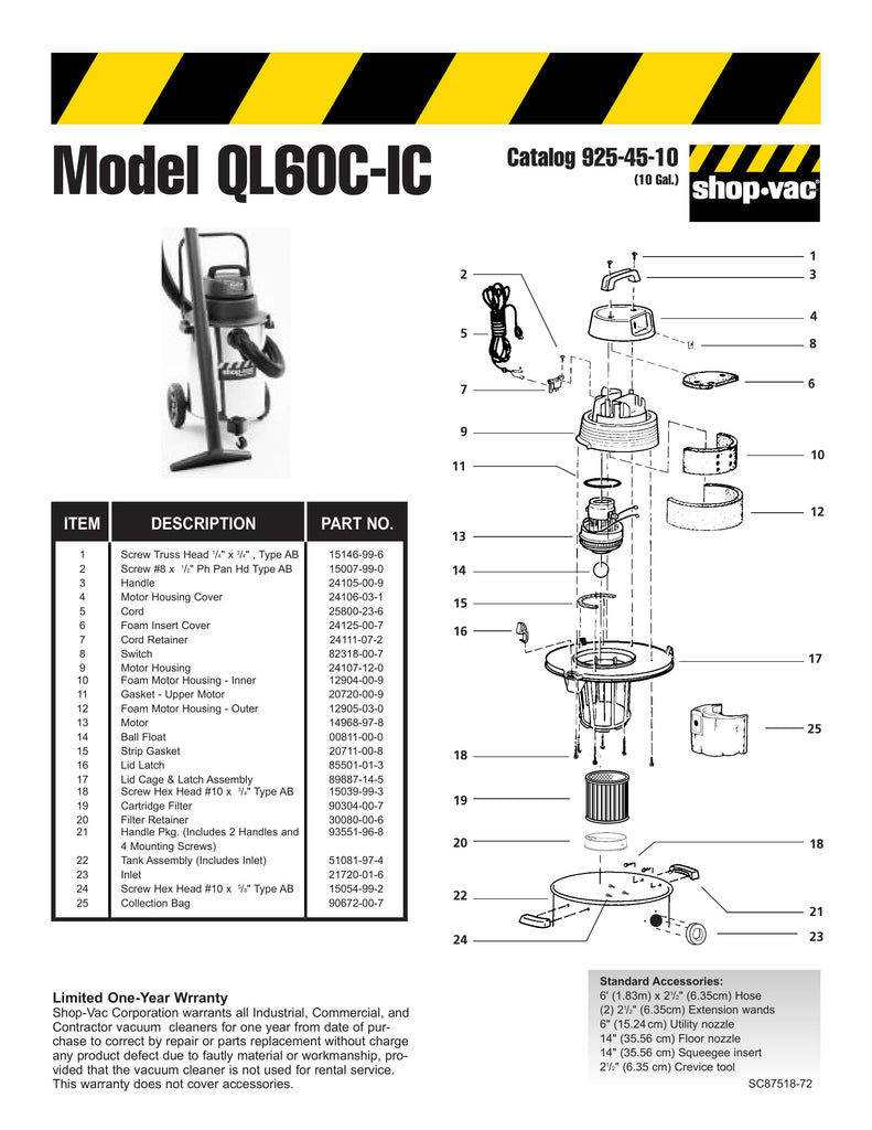 Shop-Vac Parts List for QL60CIC Models (10 Gallon* Black / Stainless Steel Industrial Vac)