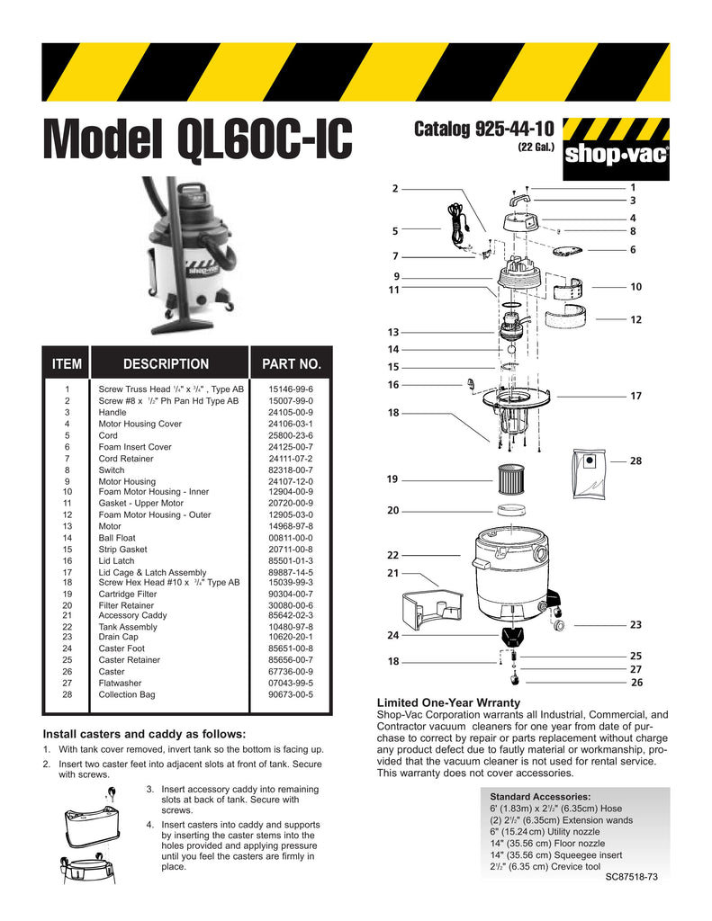 Shop-Vac Parts List for QL60CIC Models (22 Gallon* Yellow / Black Industrial Vac)