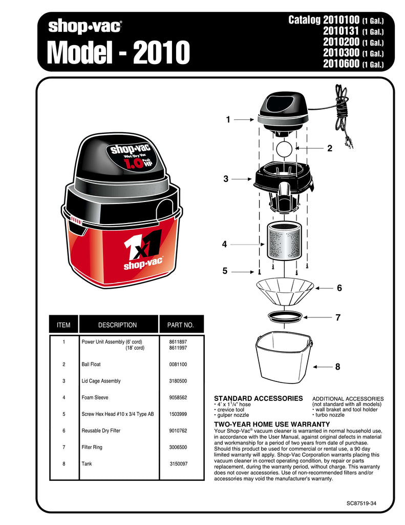 Shop-Vac Parts List for 2010 Models (1 Gallon* 1x1® Vac)