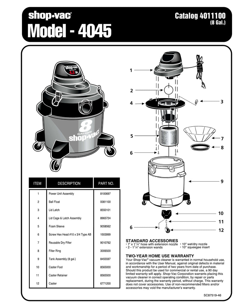Shop-Vac Parts List for 4045 Models (8 Gallon* Red / Black Vac)