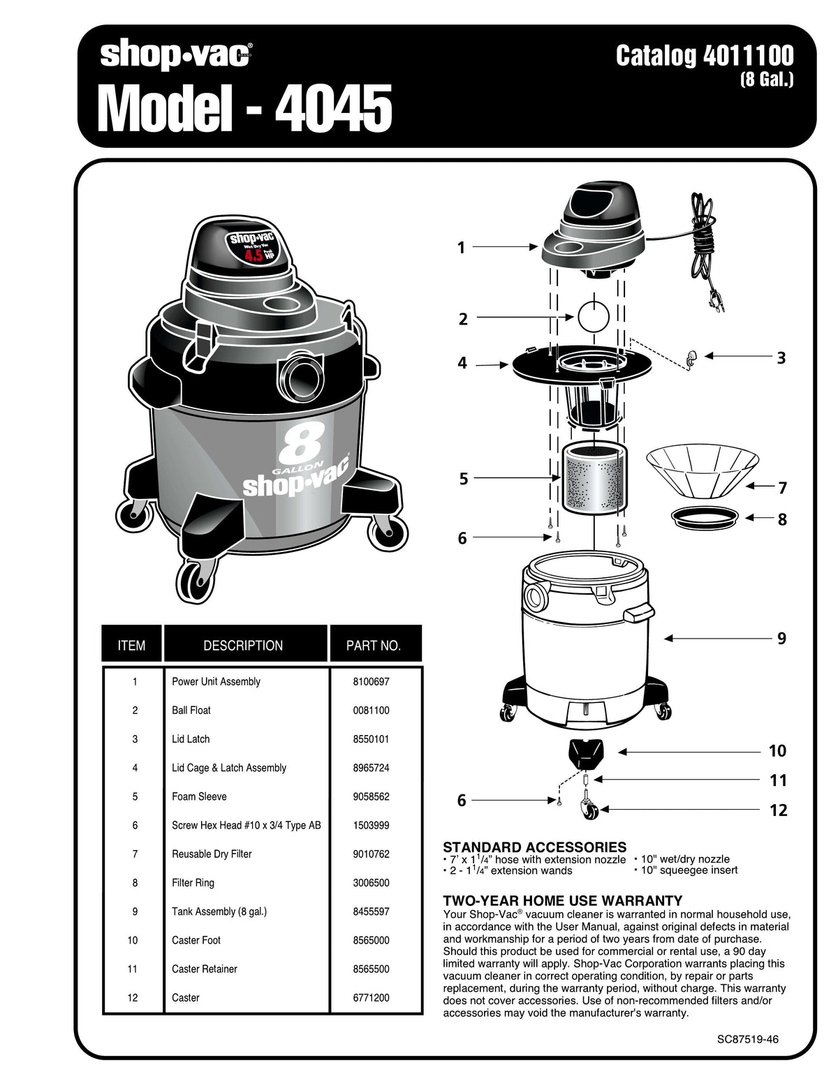 ShopVac Parts List for 4045 Models (8 Gallon* Red / Black Vac) Shop