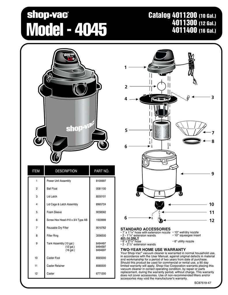 Shop-Vac Parts List for 4045 Models (10 Gallon* Red / Black Vac)