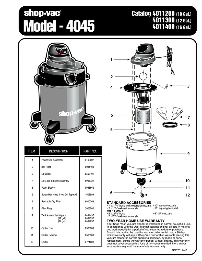 Shop-Vac Parts List for 4045 Models (12 Gallon* Red / Black Vac w/ Reusable Dry Filter)