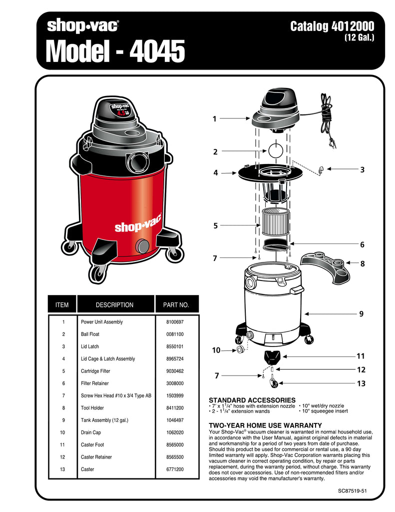 Shop-Vac Parts List for 4045 Models (12 Gallon* Red / Black Vac w/ Cartridge Filter)