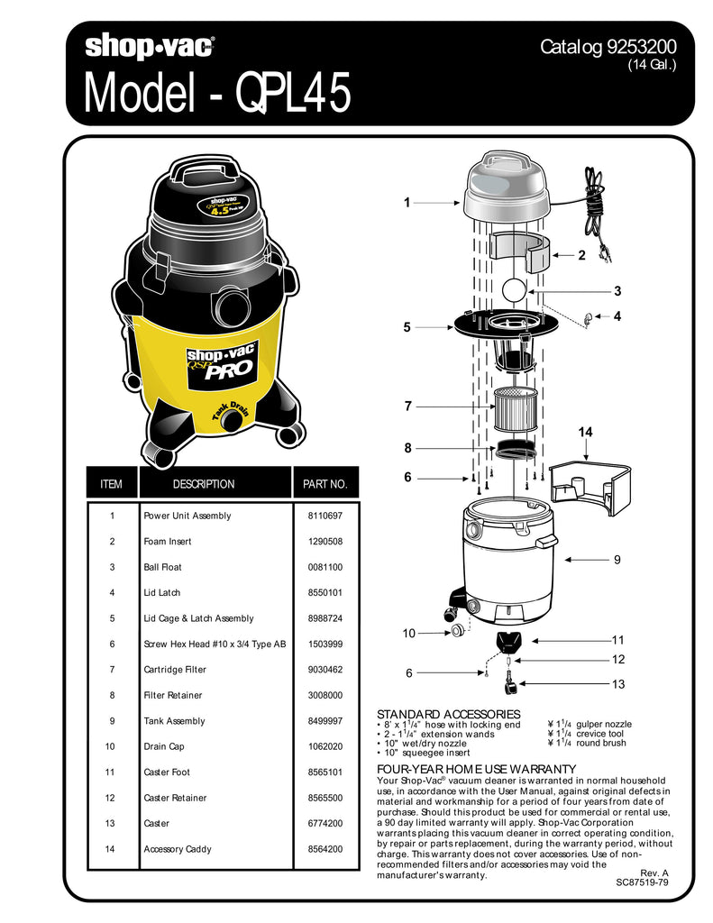 Shop-Vac Parts List for QPL45 Models (14 Gallon* Yellow / Black Vac)