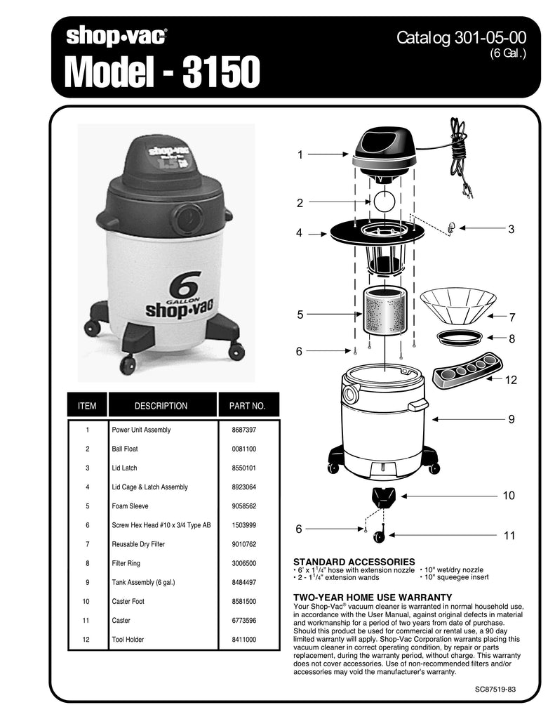Shop-Vac Parts List for 3150 Models (6 Gallon* Vac w/ Tool Holder)