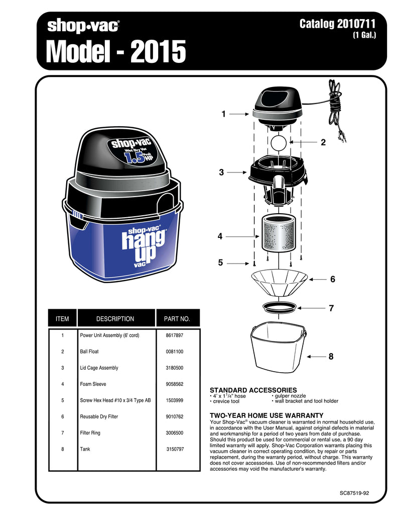 Shop-Vac Parts List for 2015 Models (1 Gallon* Blue / Black HangUp®)