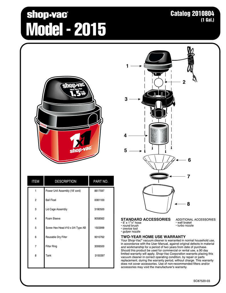 Shop-Vac Parts List for 2015 Models (1 Gallon* Red / Black HangUp®)