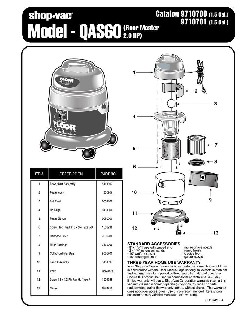 Shop-Vac Parts List for QAS60 Models (1.5 Gallon* Green / Gray AllAround® Vac w/ Cartridge Filter & Collection Bag)