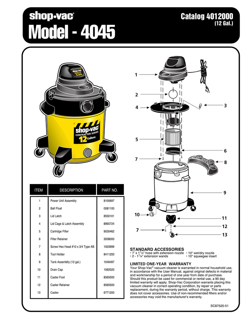 Shop-Vac Parts List for 4045 Models (12 Gallon* Yellow / Black Contractor Vac  )