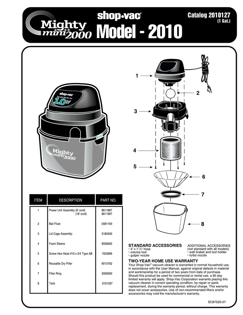 Shop-Vac Parts List for 2010 Models (1 Gallon* Mighty Mini®)
