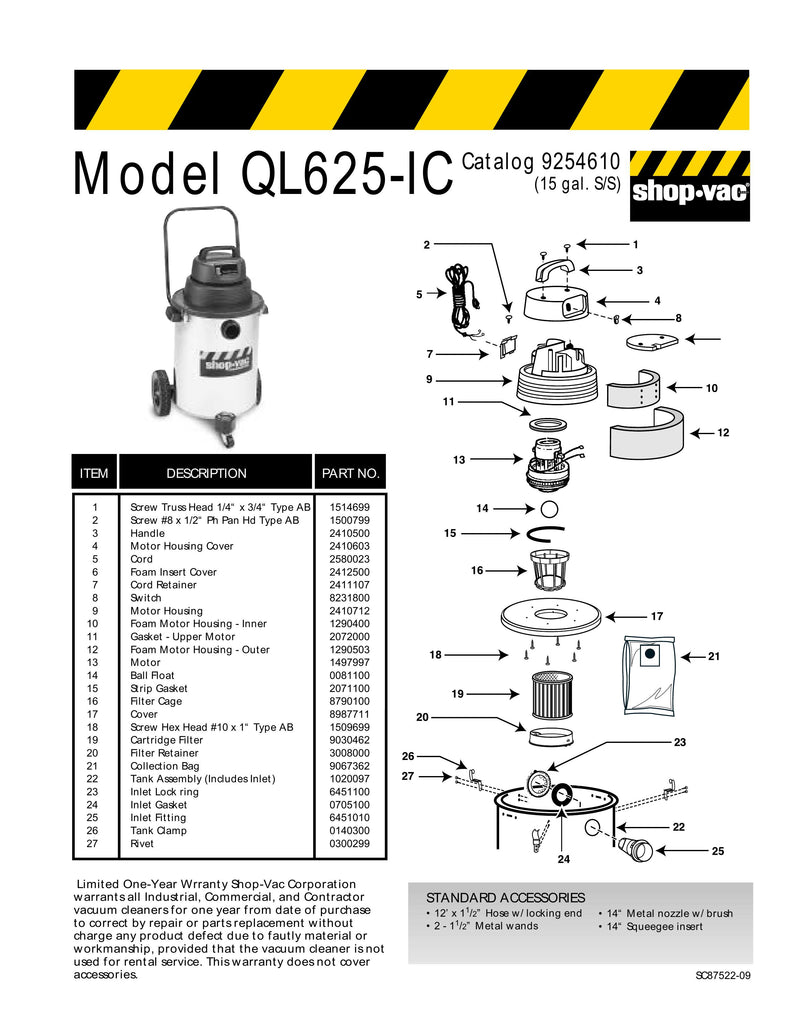 Shop-Vac Parts List for QL625-IC Models (15 Gallon* Black / Stainless Steel Industrial Vac)