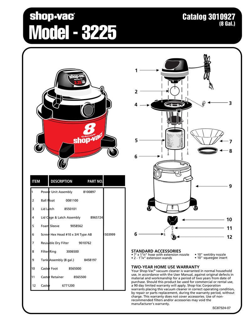 Shop-Vac Parts List for 3225 Models (8 Gallon* Red / Black Vac)
