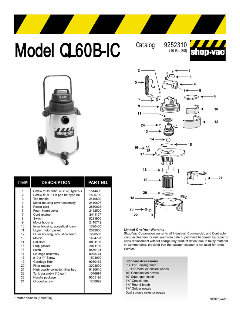 Shop-Vac Parts List for QL60BIC Models (10 Gallon* Black / Stainless Steel Industrial Vac)