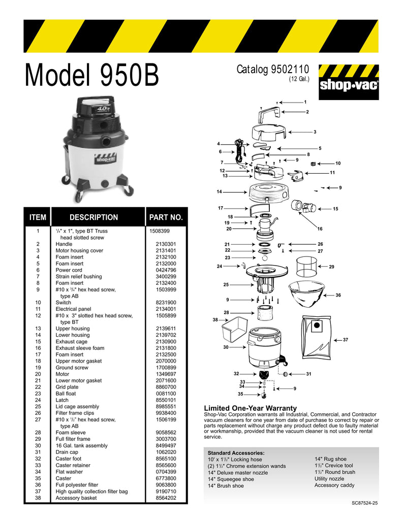 Shop-Vac Parts List for 950B Models (12 Gallon* Yellow / Black Industrial Vac)