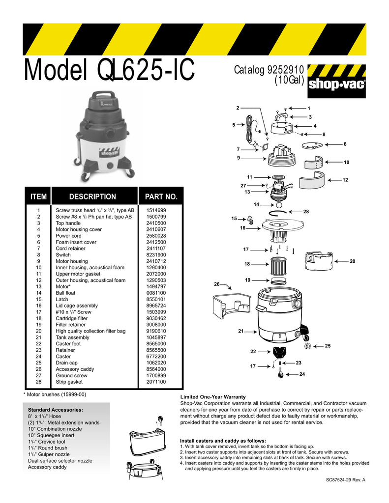 Shop-Vac Parts List for QL625-IC Models (10 Gallon* Yellow / Black Industrial Vac)
