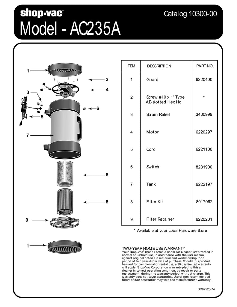 Shop-Vac Parts List for AC235A Models (Yellow / Black Air Cleaner)