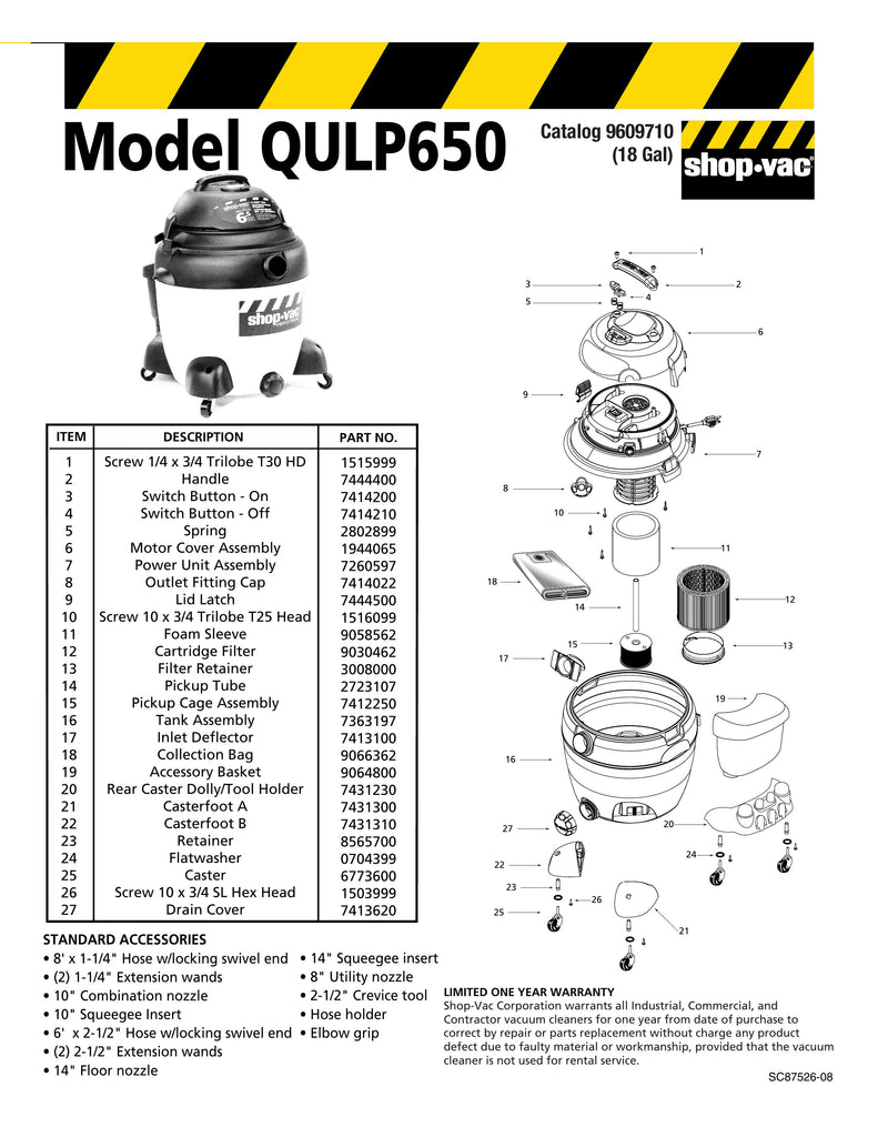 Shop-Vac Parts List for QULP650 Models (18 Gallon* Yellow / Black Industrial Pump Vac)