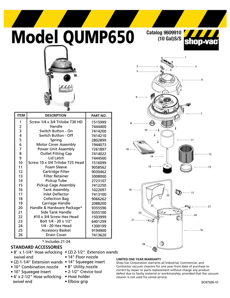 Shop-Vac Parts List for QULP650 Models (14 Gallon* Black / Stainless Steel Industrial Pump Vac)
