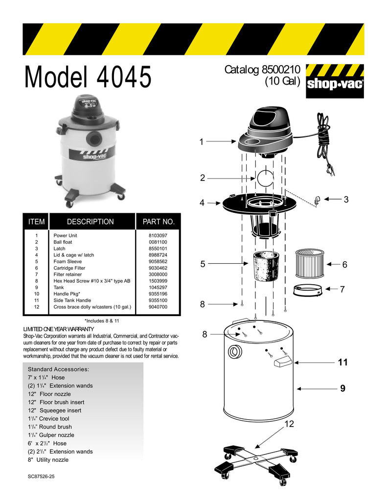 Shop-Vac Parts List for 4045 Models (10 Gallon* Yellow / Black Metal Industrial Vac w/ Cross Brace Dolly)