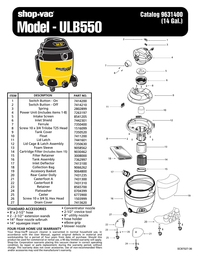 Shop-Vac Parts List for ULB550 Models (14 Gallon* Yellow / Black Blower Vac)