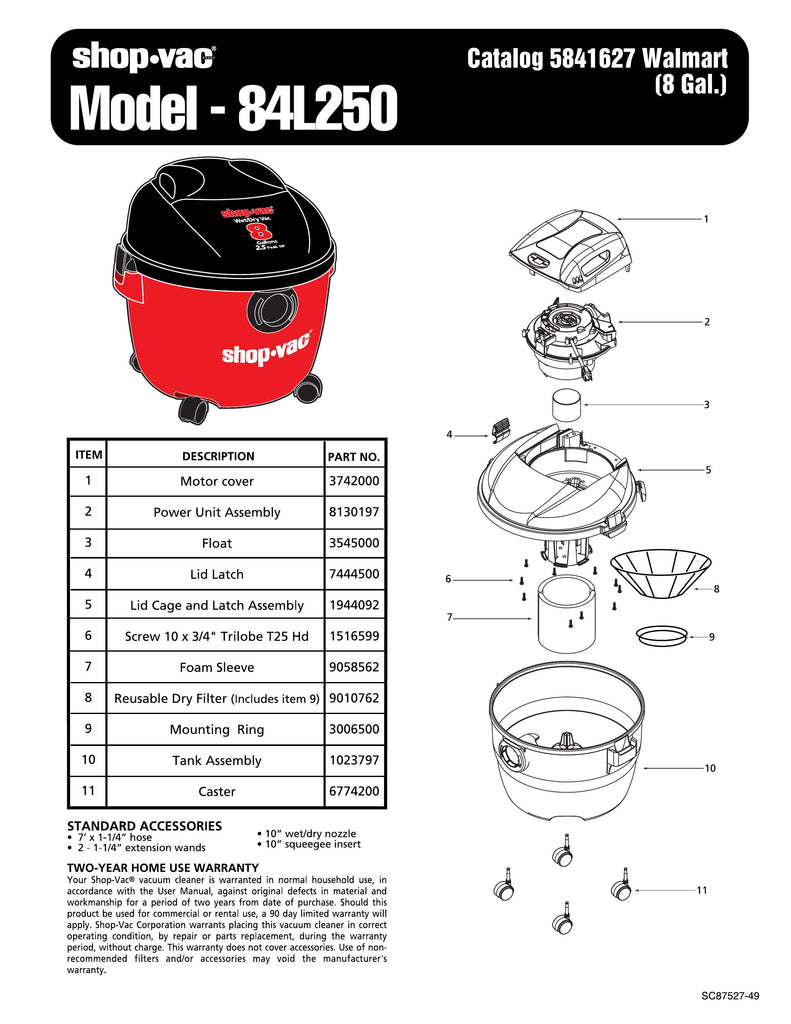 Shop-Vac Parts List for 84L250 Models (8 Gallon* Red / Black Vac w/ Four Casters)
