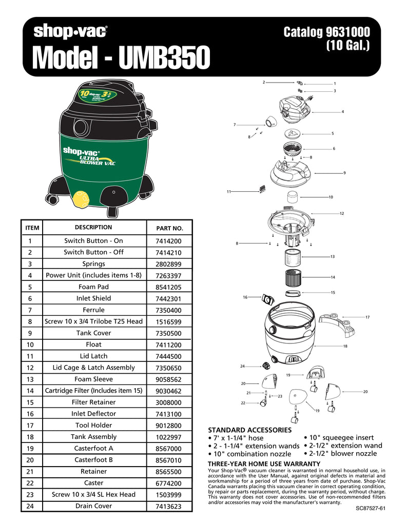 Shop-Vac Parts List for UMB350 Models (10 Gallon* Green / Black Blower Vac)